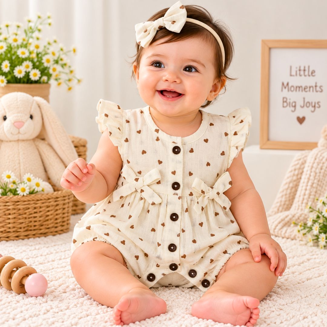 Baby Girl Muslin Romper | Heart Print Cotton Romper