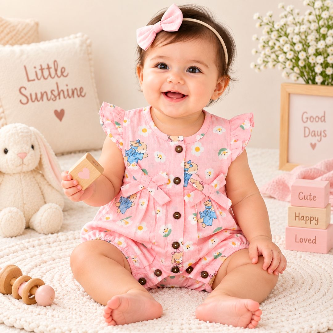 Baby Girl Muslin Romper | Bunny Flowers Print Cotton Romper