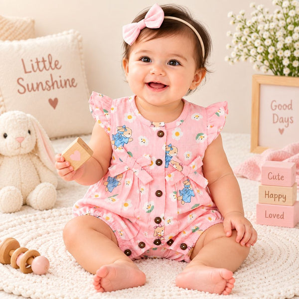 Baby Girl Muslin Romper | Bunny Flowers Print Cotton Romper - alt view