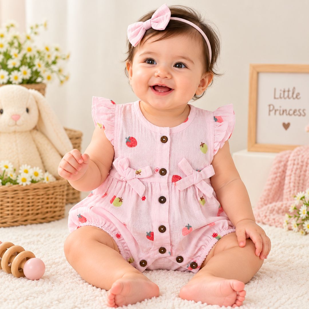 Baby Girl Muslin Romper | Strawberry Print Cotton Romper