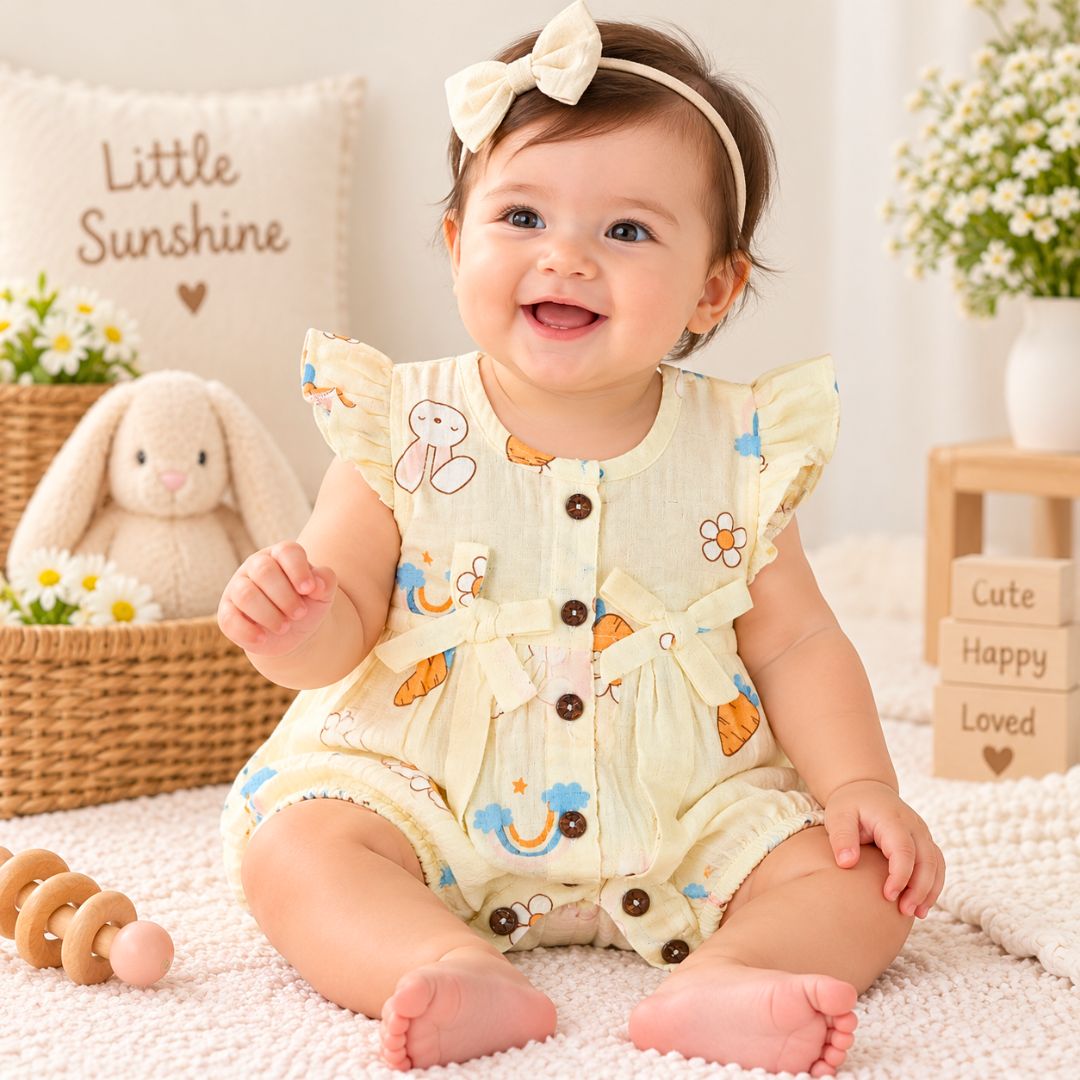 Baby Girl Muslin Romper | Rainbow Print Cotton Romper