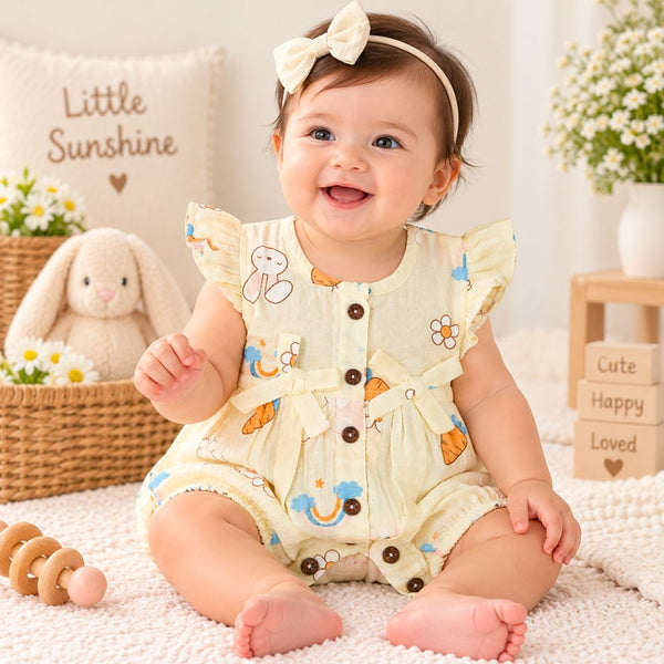 Baby Girl Muslin Romper | Rainbow Print Cotton Romper - alt view
