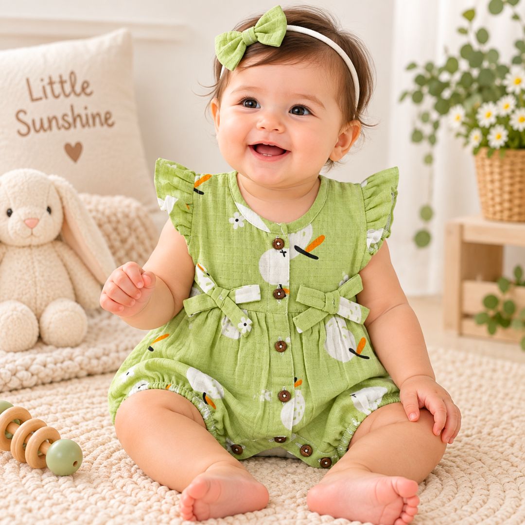 Baby Girl Muslin Romper | Green Print Cotton Romper