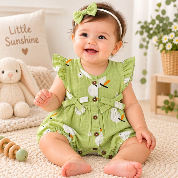 Baby Girl Muslin Romper | Green Print Cotton Romper - alt view