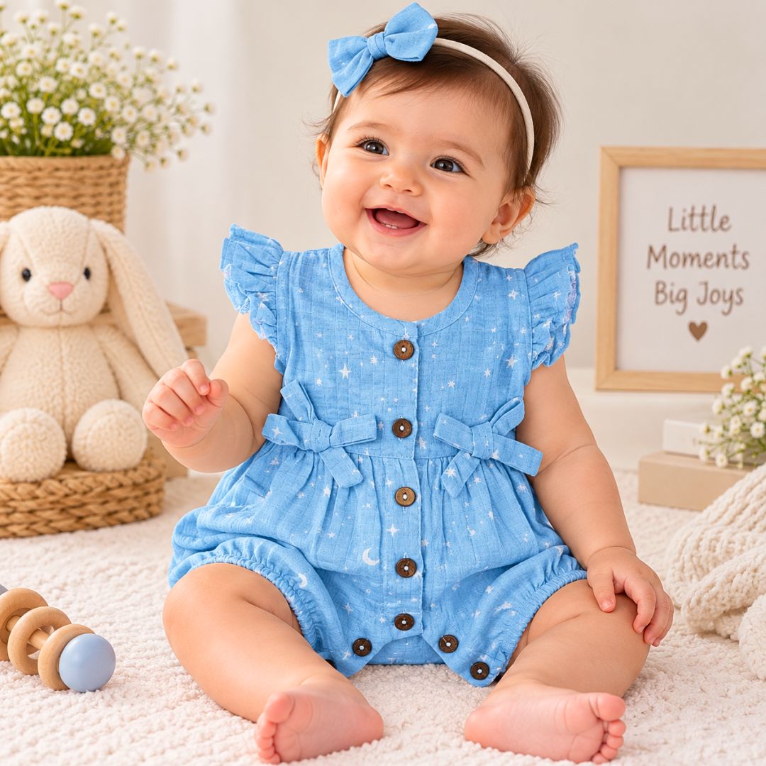 Baby Girl Muslin Romper | Blu stars Print Cotton Romper
