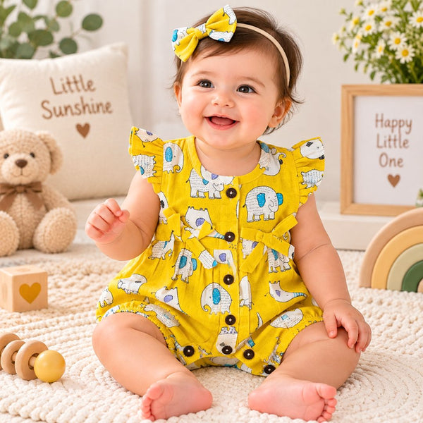Baby Girl Muslin Romper | Elephant Print Cotton Romper - alt view