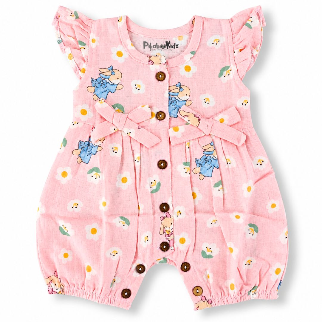 Baby Girl Muslin Romper | Bunny Flowers Print Cotton Romper