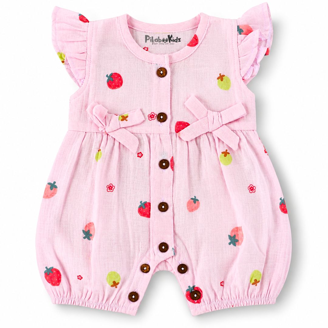 Baby Girl Muslin Romper | Strawberry Print Cotton Romper