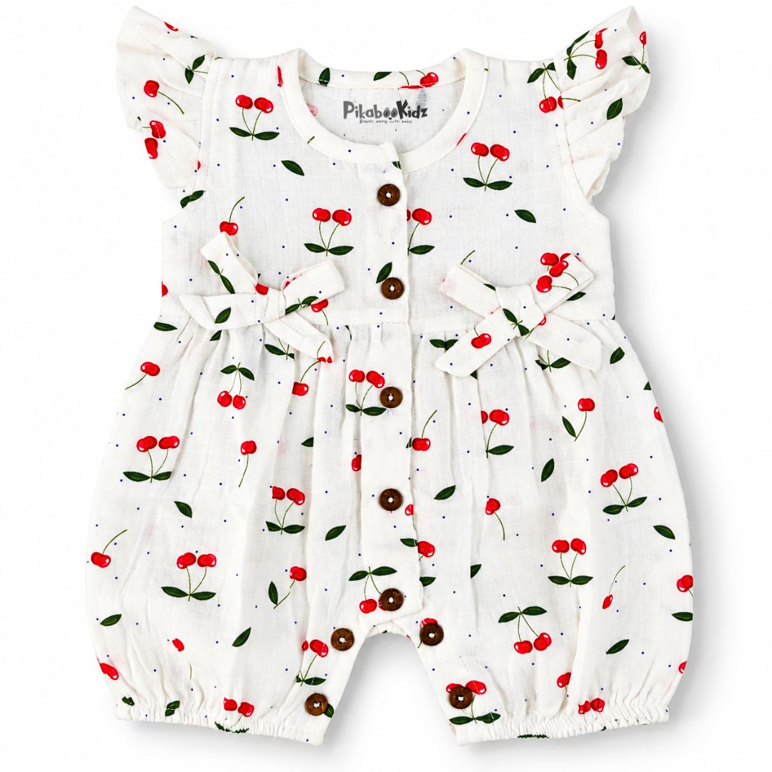 Baby Girl Muslin Romper | Cherry Print Cotton Romper