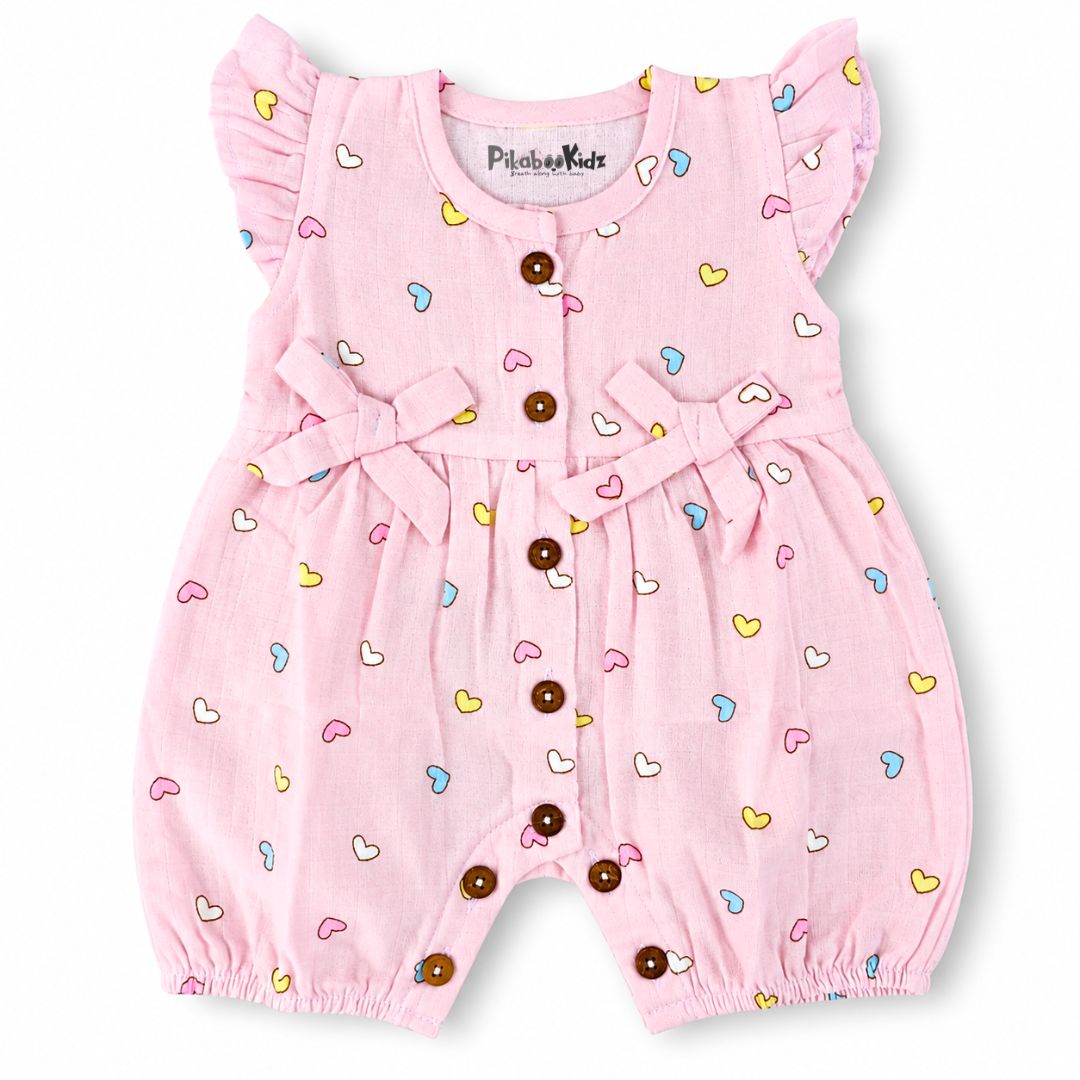 Baby Girl Muslin Romper | Pink hearts Print Cotton Romper