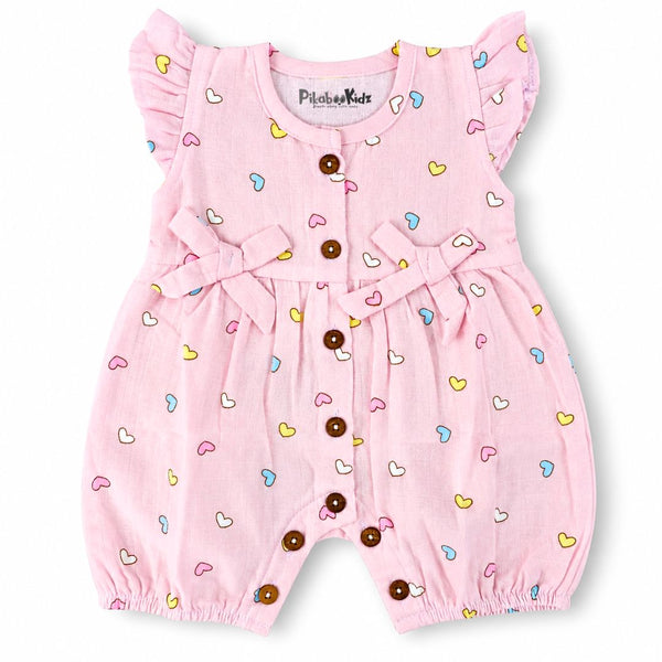Baby Girl Muslin Romper | Pink hearts Print Cotton Romper