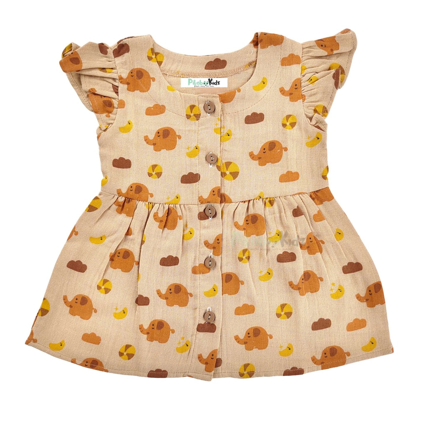 Muslin Button Sleeve Frock 12-18 M – Cream elephants