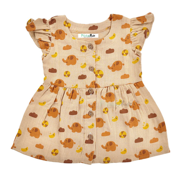 Muslin Button Sleeve Frock 12-18 M – Cream elephants