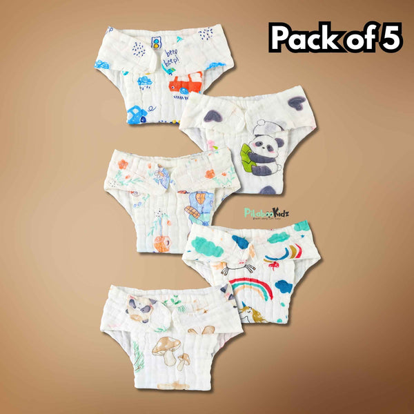 Muslin 6layer Velcro Nappy Combo Pack of 5 – NB to 3M (Random designs)
