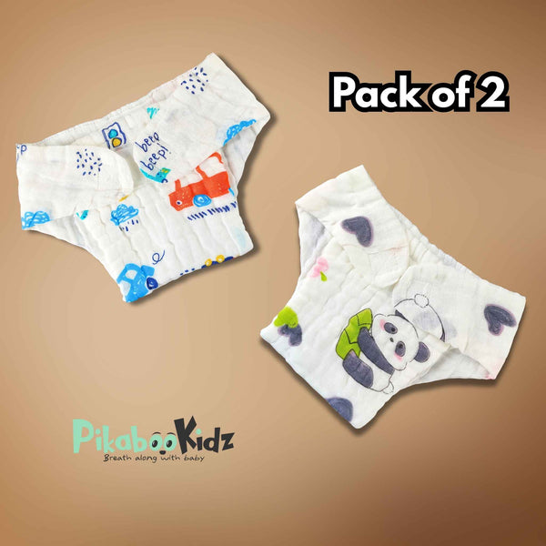Muslin 6layer Velcro Nappy Combo Pack of 2 – NB to 3M (Random designs)