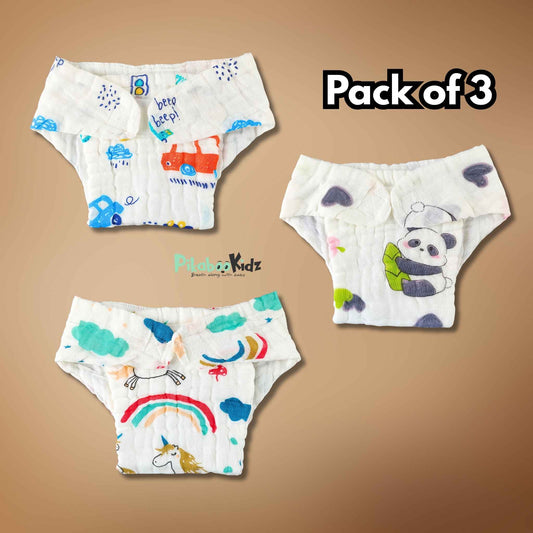 Muslin 6layer Velcro Nappy Combo Pack of 3 – NB to 3M (Random designs)