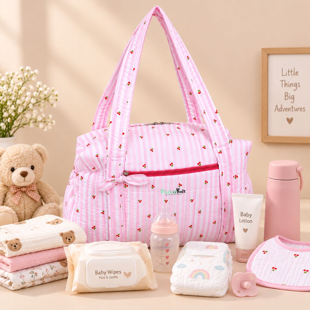Pink Cherry Muslin Diaper Bag for Newborn | Pikaboo Kidz