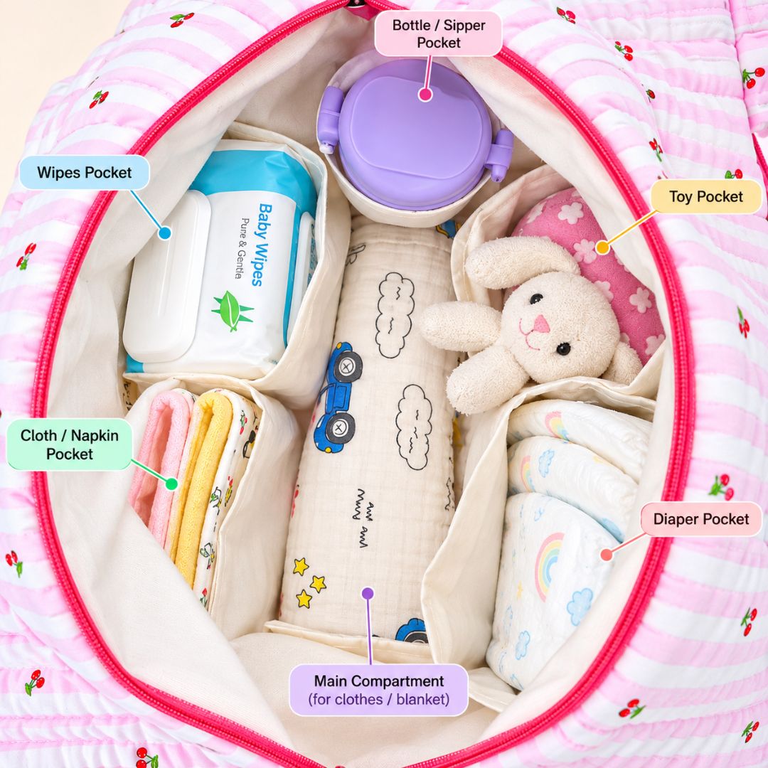 Pink Cherry Muslin Diaper Bag for Newborn | Pikaboo Kidz