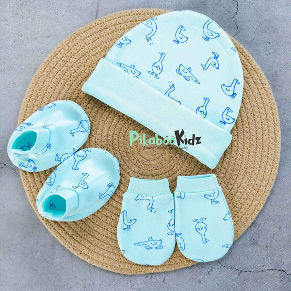 Organic cotton Cap mittens Booties – Aqua Blue