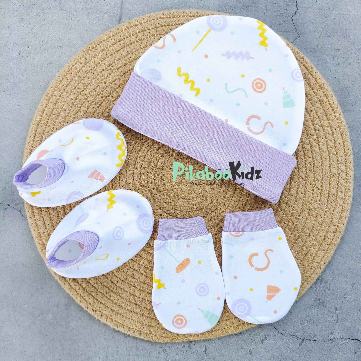 Organic cotton Cap mittens Booties – Purple Party