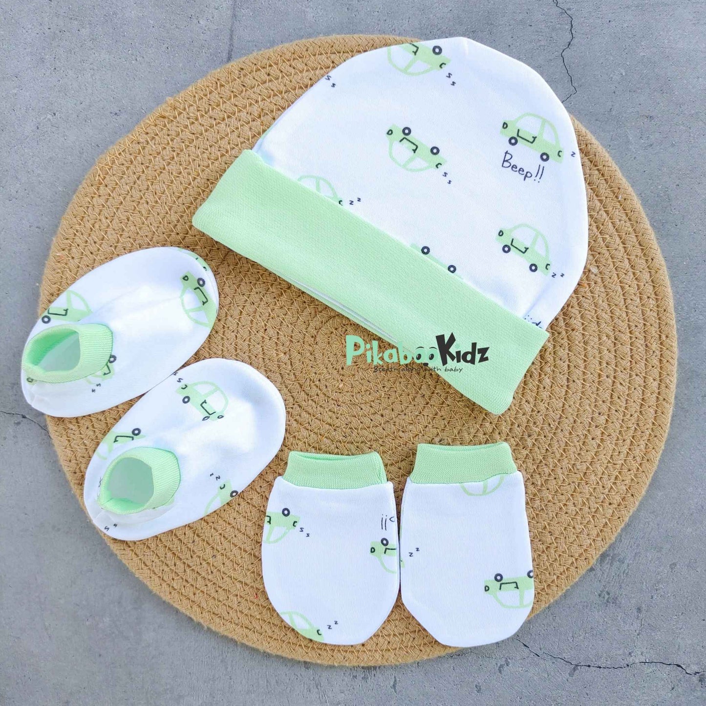 Organic cotton Cap mittens Booties – Cars Green