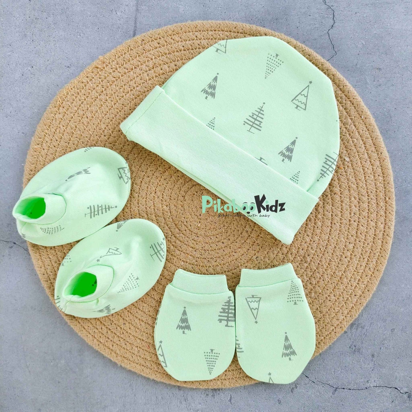 Organic cotton Cap mittens Booties – Green Pine