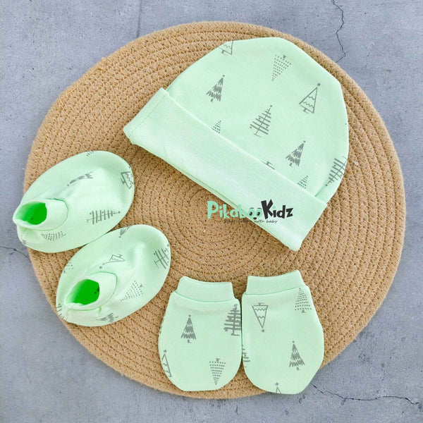 Organic cotton Cap mittens Booties – Green Pine