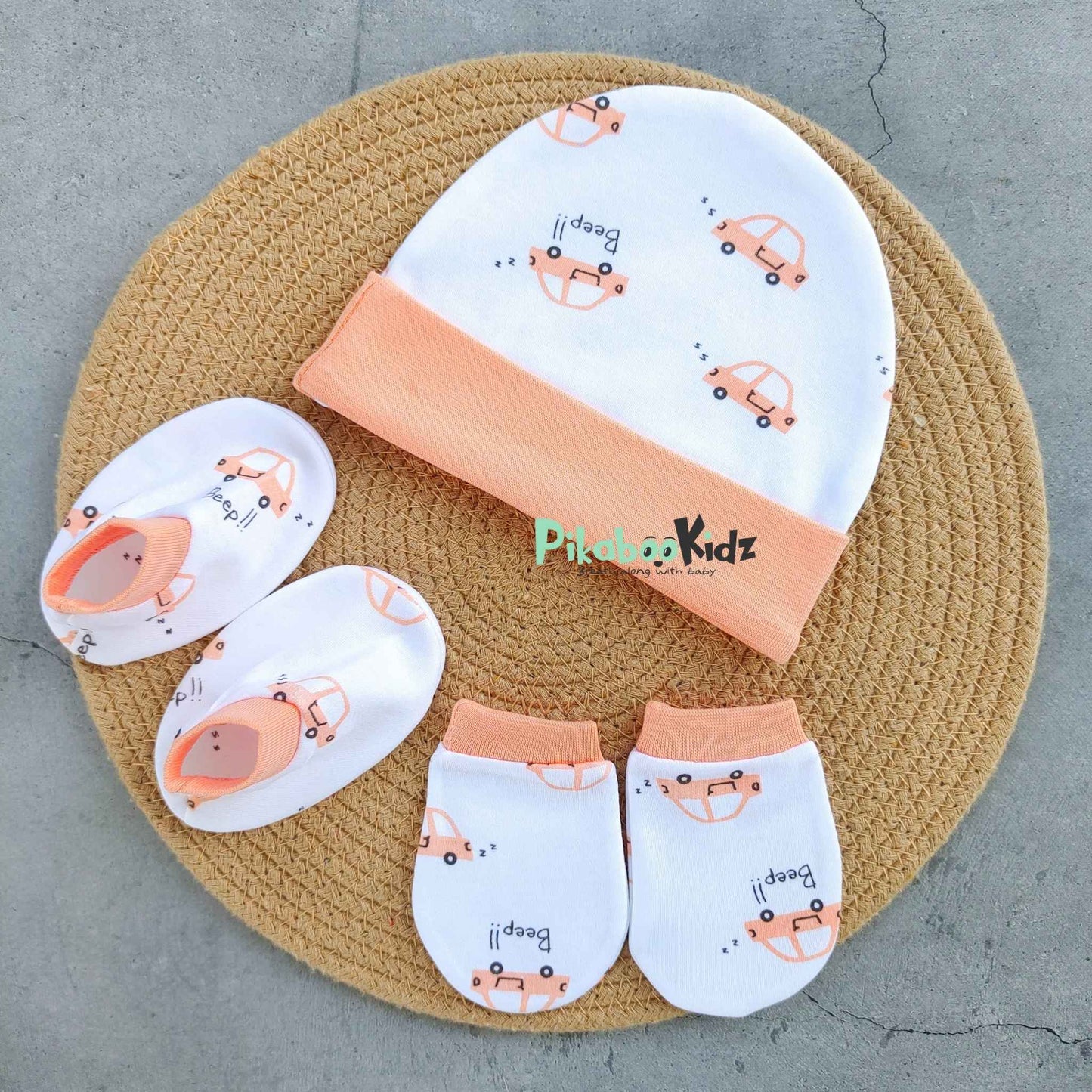 Organic cotton Cap mittens Booties – Cars Orange