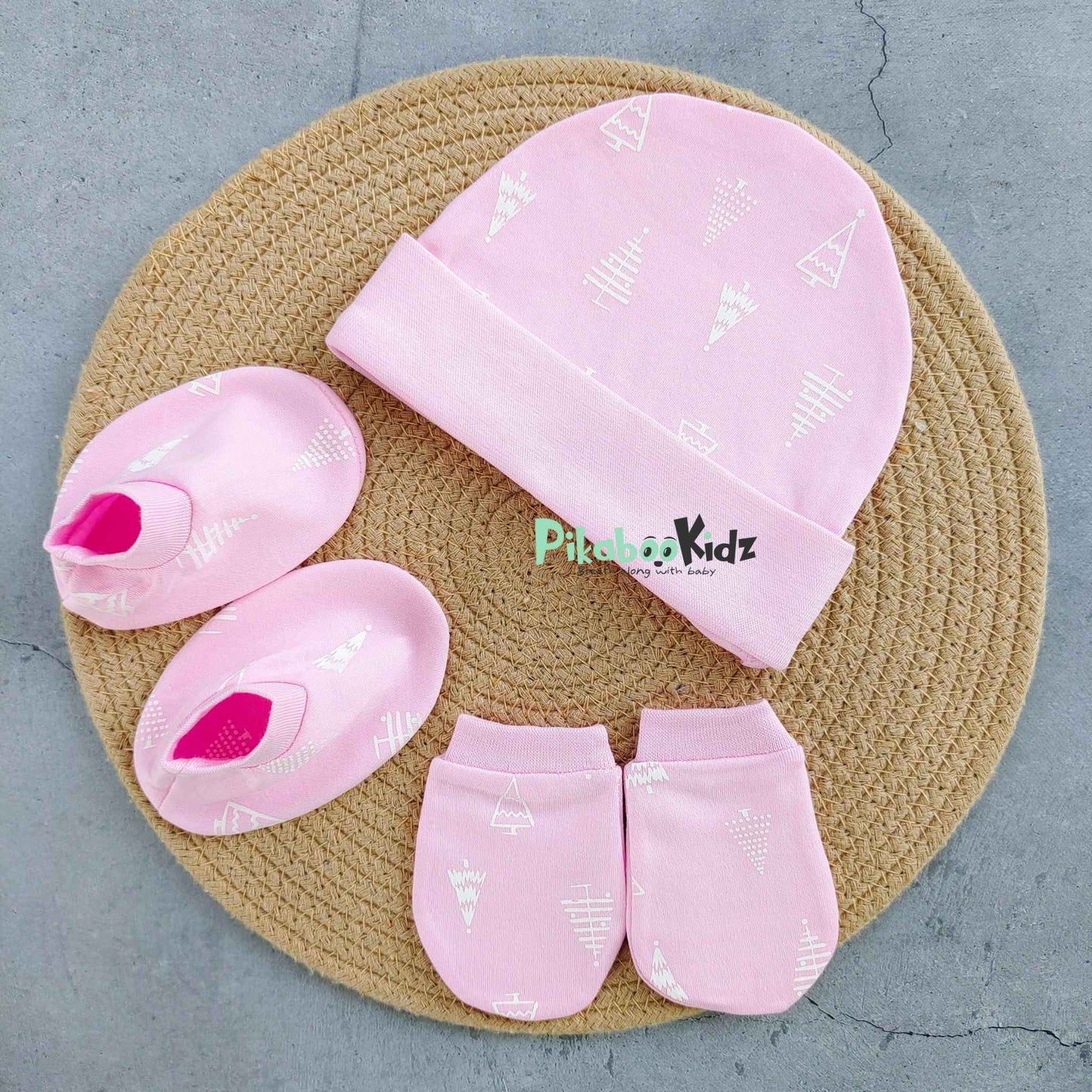 Organic cotton Cap mittens Booties – Pink Pine