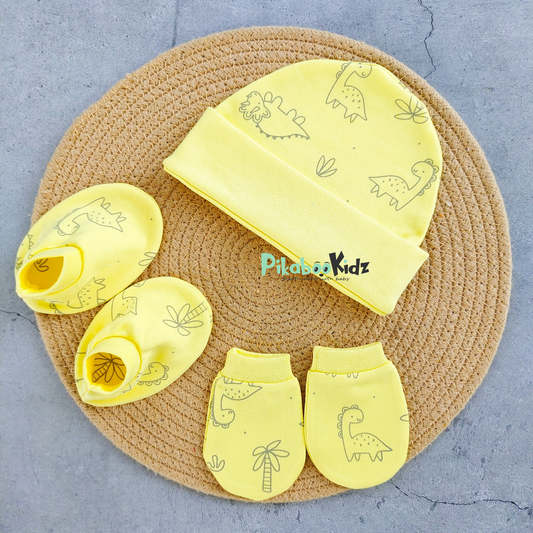 Organic cotton Cap mittens Booties –  Yellow dino