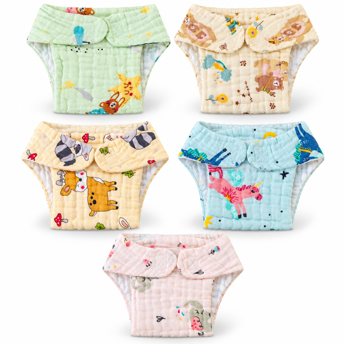 Muslin 6layer Velcro Nappy Combo Pack of 5 – 3 to 6M (Random designs)