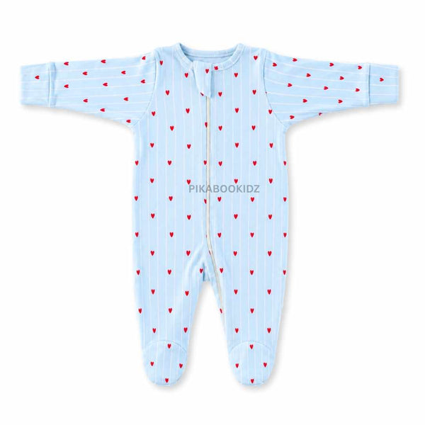 Footed Rompers 0-3M - Blue Hearts