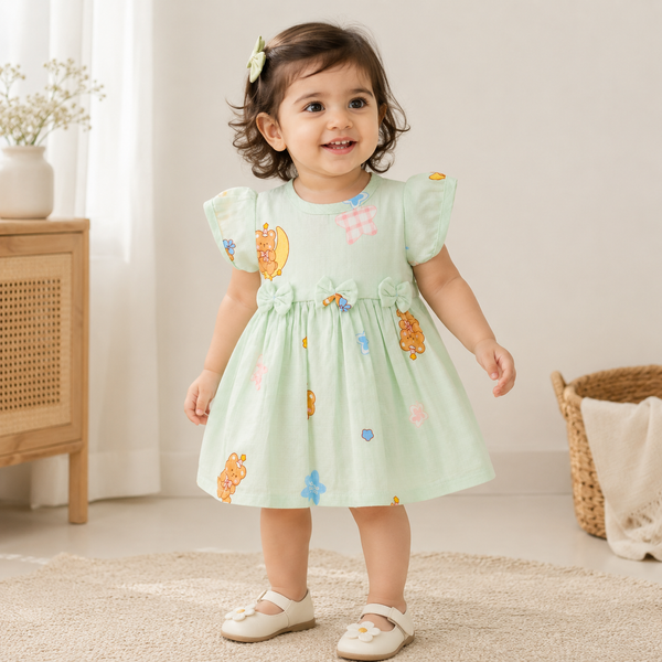 Muslin sleeve frock with bow & backtie - Aquablue