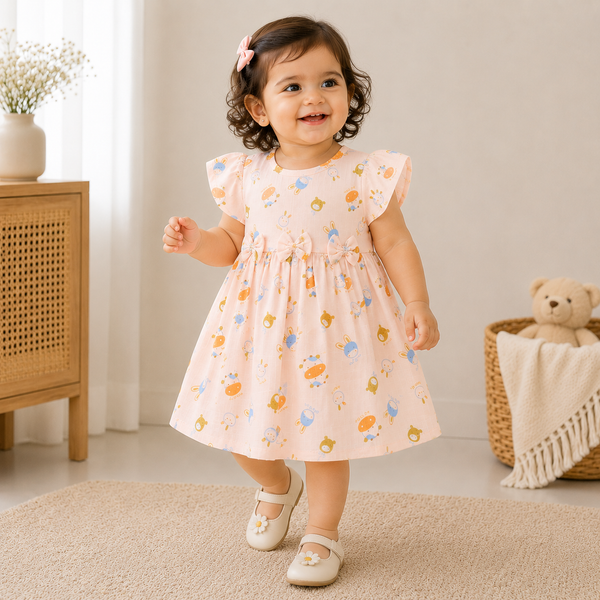 Muslin sleeve frock with bow & backtie - Peach