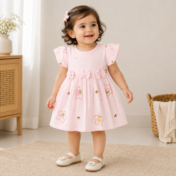 Muslin sleeve frock with bow & backtie - Stars