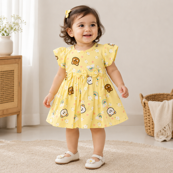 Muslin sleeve frock with bow & backtie - Yellow