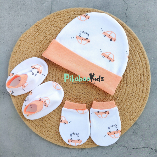 Organic cotton Cap mittens Booties - Cars Orange