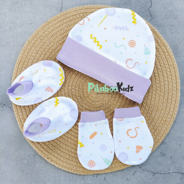 Organic cotton Cap mittens Booties - Purple Party