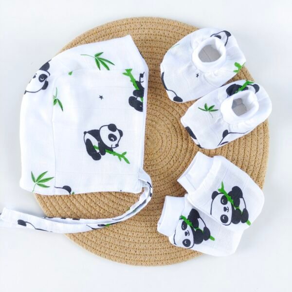 Muslin Cap mittens Booties - Panda