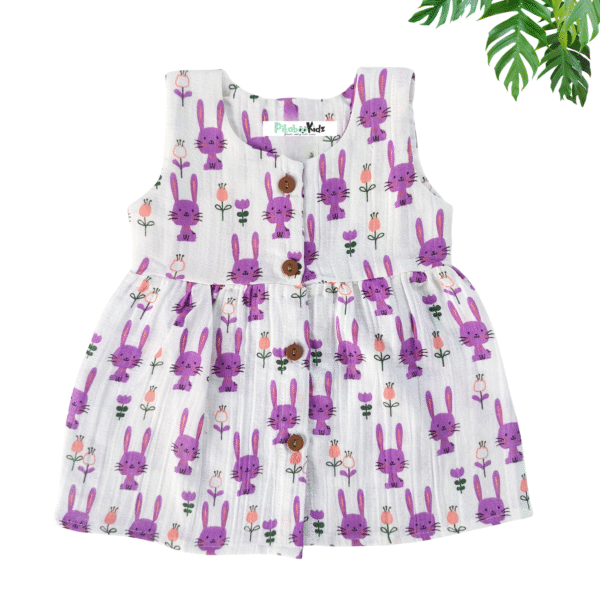 Muslin Button Frock 0-3M - Purple bunny
